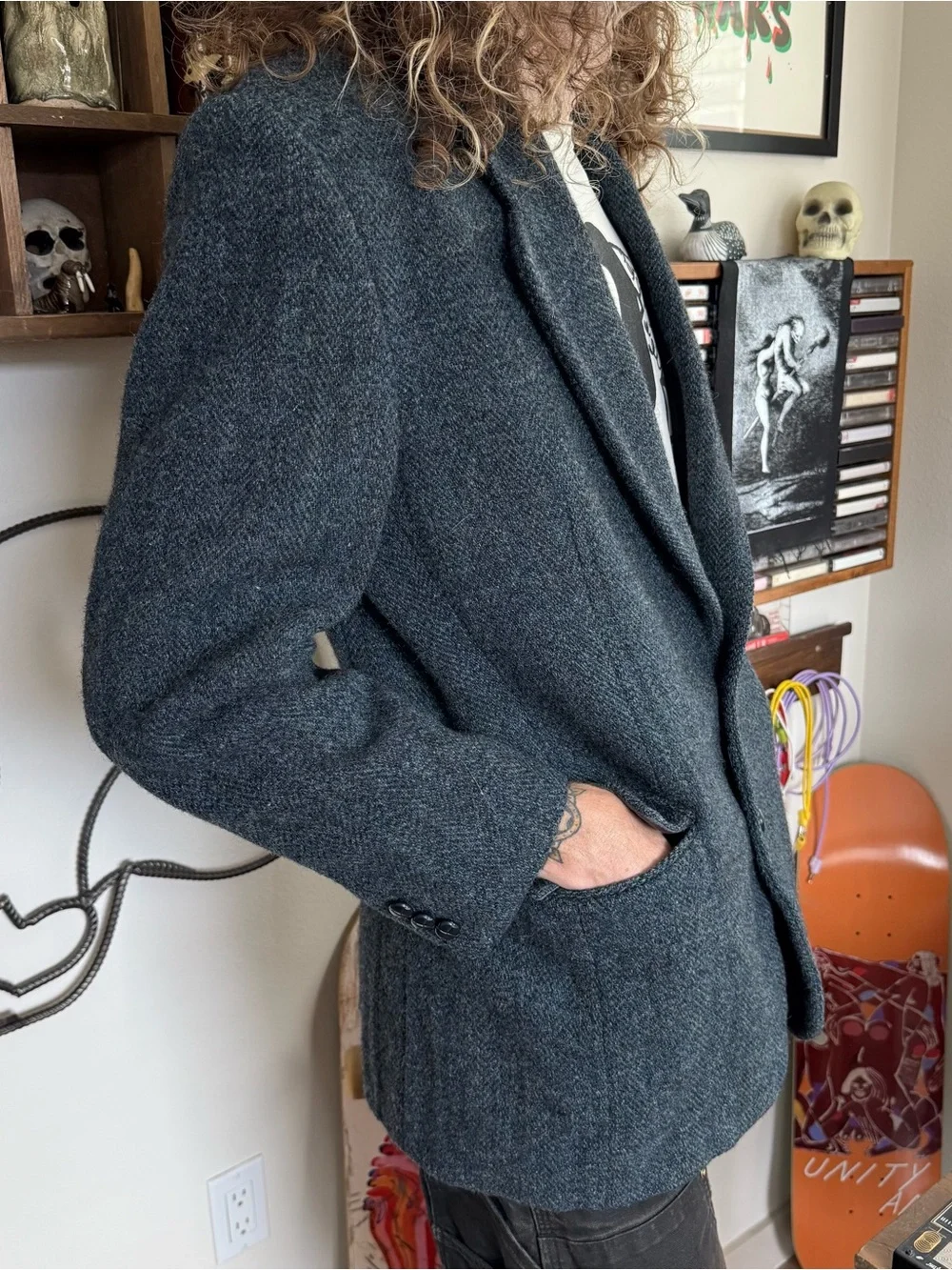 Vintage 80s Harris Tweed Blue Herringbone Wool Blazer ~ Size 42 / M